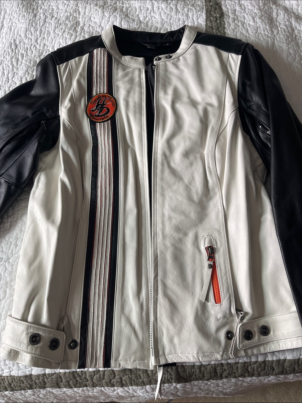 Harley-Davidson White Leather Moto Jacket with Black Sleeves and Orange Trim